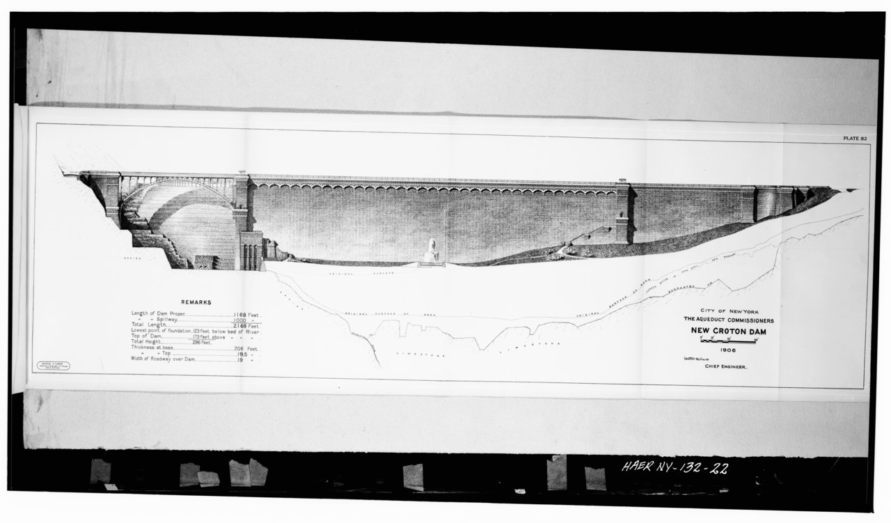 Photocopied from New York City Aqueduct Commission. 1907 plan of downstream elevation - New Croton Dam and Reservoir, Croton River, Croton-on-Hudson, Westchester County, NY HAER NY,60-CROTOH.V,1-22.tif