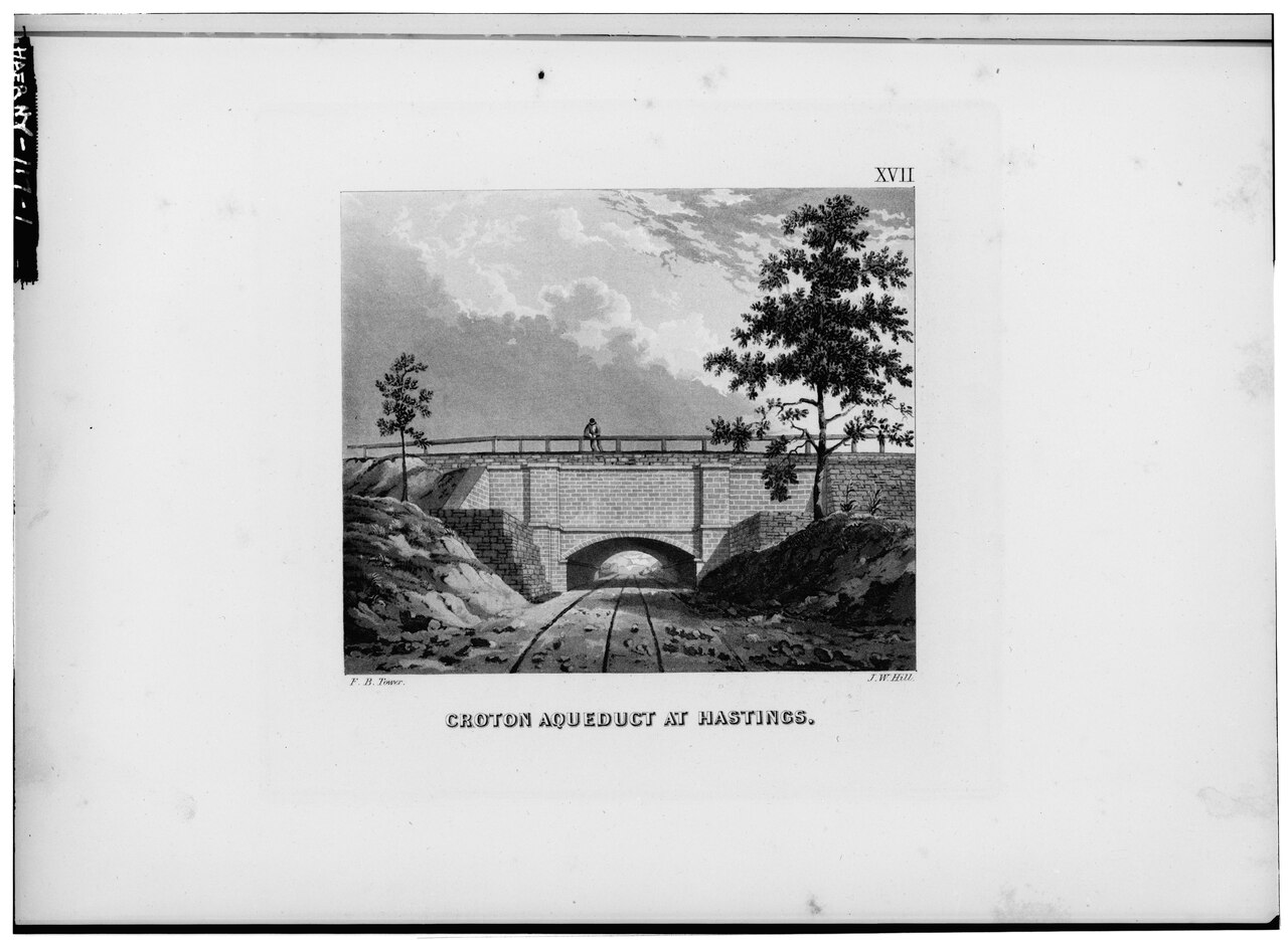 Photocopied October 1976, from F.B. Tower, Illustrations of the Croton Aqueduct, New York- Wiley and Putnam, 1843. CROTON AQUEDUCT AT HASTINGS- ARCH PROVIDED ACCESS TO STONE HAER NY,60-HAST,1A-1.tiff