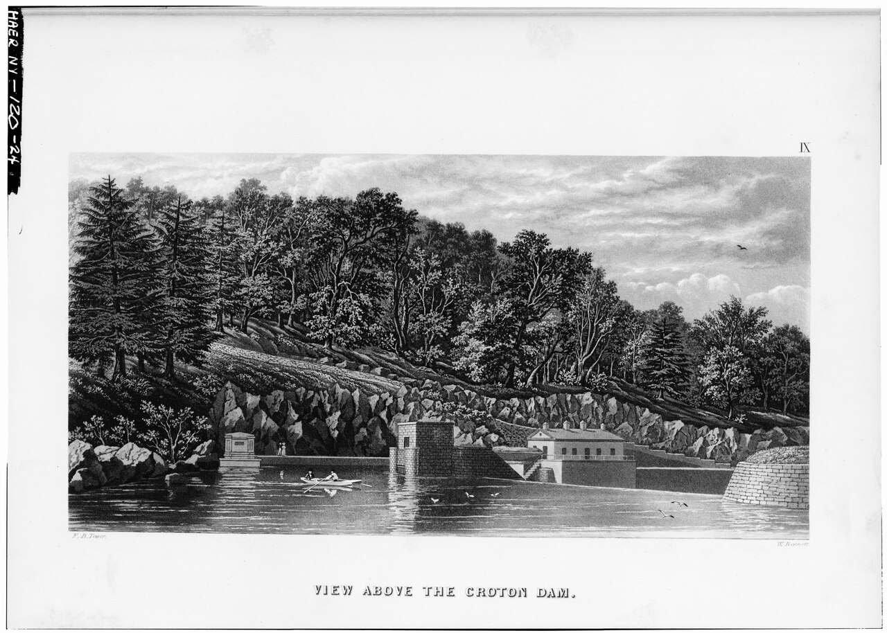 Photocopied October 1976, from b.f.Tower, Illustrations of the Croton Aqueduct, New York, Wiley and Putnam, 1843. VIEW ABOVE THE CROTON DAM, PLATE IX, PAGE 95. - Old Croton HAER NY,31-NEYO,87-24.tiff