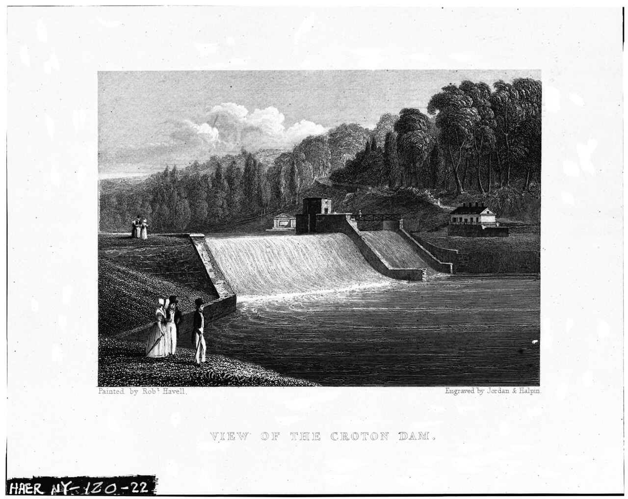 Photocopied December 1977, from King, Memoir of the Croton Aqueduct. VIEW OF CROTON DAM FROM DOWNSTREAM, SHOWING ENTRANCE ENTABLATURE AND GATE HOUSE. - Old Croton Aqueduct, New HAER NY,31-NEYO,87-22.tif