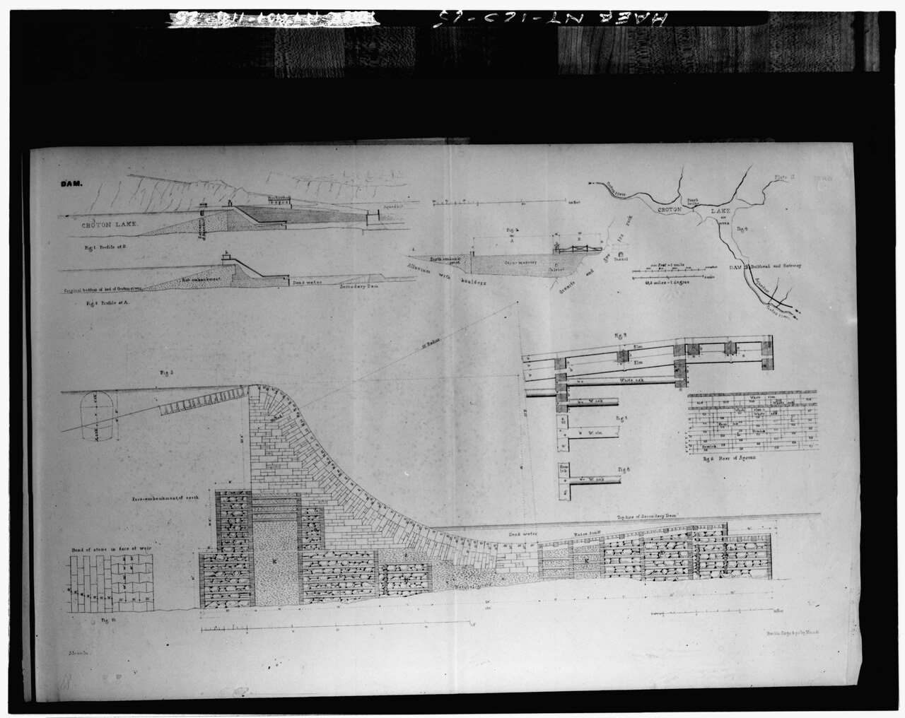 Photocopied October 1976, from Theoph Schramke, Description of the New York Croton Aqueduct, New York, 1843. PLATE II, DAM. - Old Croton Aqueduct, New York, New York County, NY HAER NY,31-NEYO,87-25.tif
