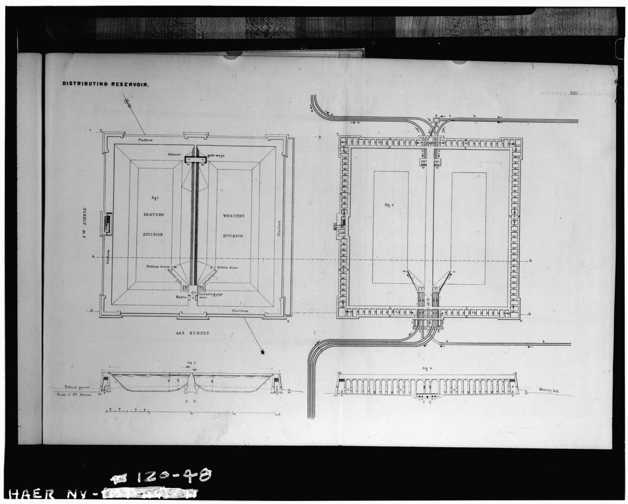 Photocopied October 1976, from Theoph Schramke, Description of the New York Croton Aqueduct, New York, 1843. DISTRIBUTING RESERVIOR, PLATE XVII. - Old Croton Aqueduct, New York, HAER NY,31-NEYO,87-48.tif